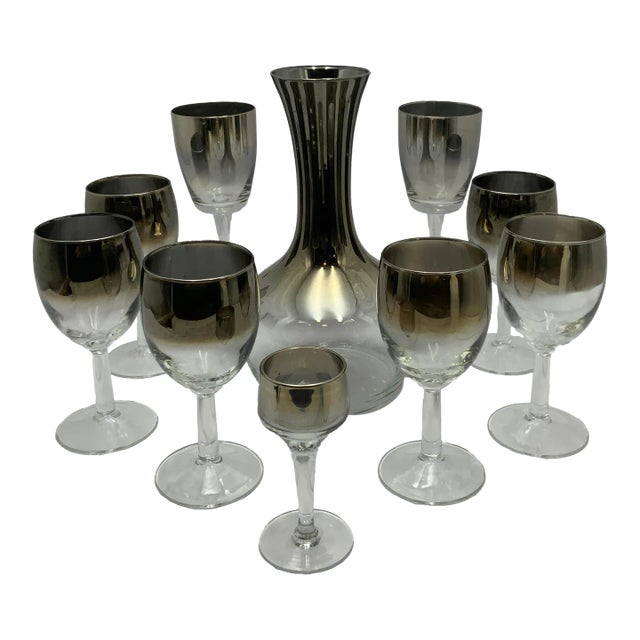 Vintage Dorothy Thorpe Silver Fade Carafe & Stem Wine Glasses- 7 Pieces For Sale
