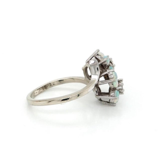 Contemporary Mid 20th Century Diamonds & Opal 14k White Gold Double Flower Ring Size 5.5 For Sale - Image 3 of 8