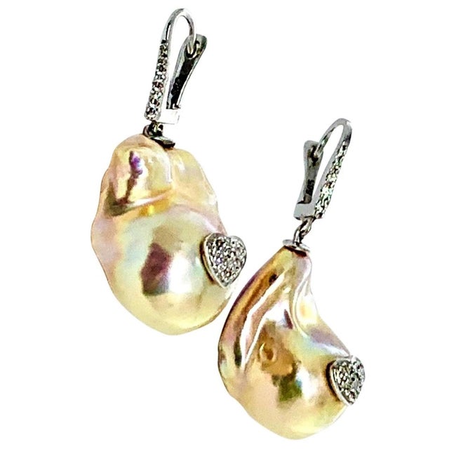 Diamond Baroque Fresh Water Yellow Pearl Earrings 14k Gold Certified For Sale - Image 4 of 9
