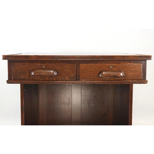Early 1900s Black Leather Top Oak Slanted Writing Desk For Sale - Image 4 of 16