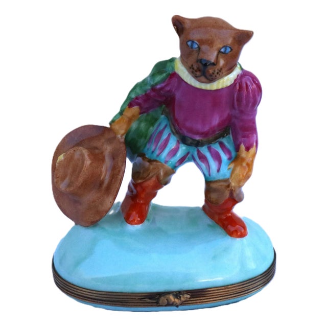 Late 20th Century Puss N' Boots Hand-Painted Limoges Snuff Trinket Box 4" Tall For Sale