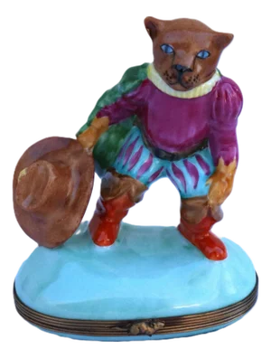 Late 20th Century Puss N' Boots Hand-Painted Limoges Snuff Trinket Box 4" Tall