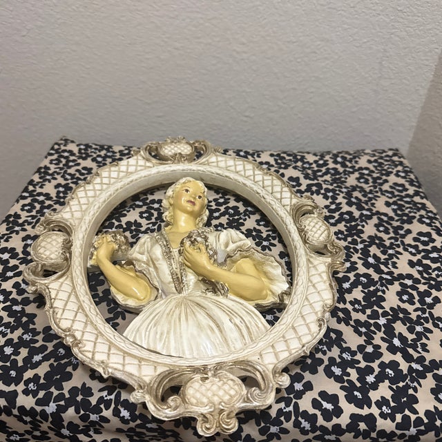 Metal Vintage 1958 Universal Statuary Corp. Victorian Lady Chalkware Wall Plaque, Ornate Frame For Sale - Image 7 of 7