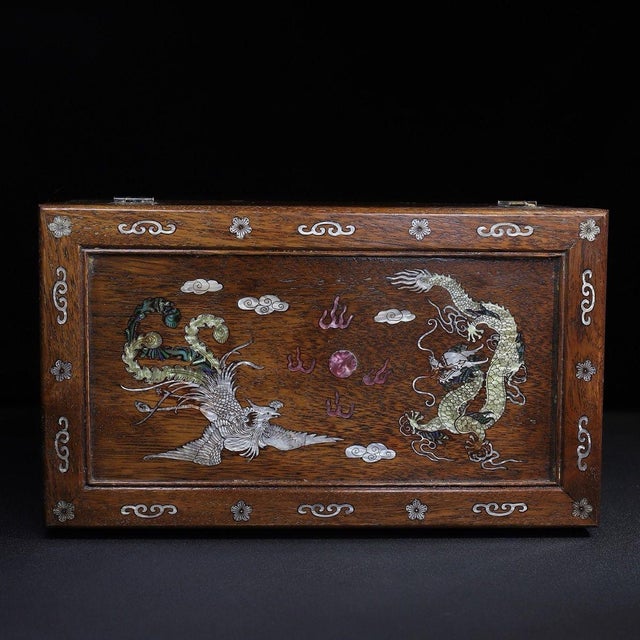 Late 20th Century Huali Rosewood Box Inlaid With Mother-of-Pearl Dragon & Phoenix For Sale - Image 5 of 9