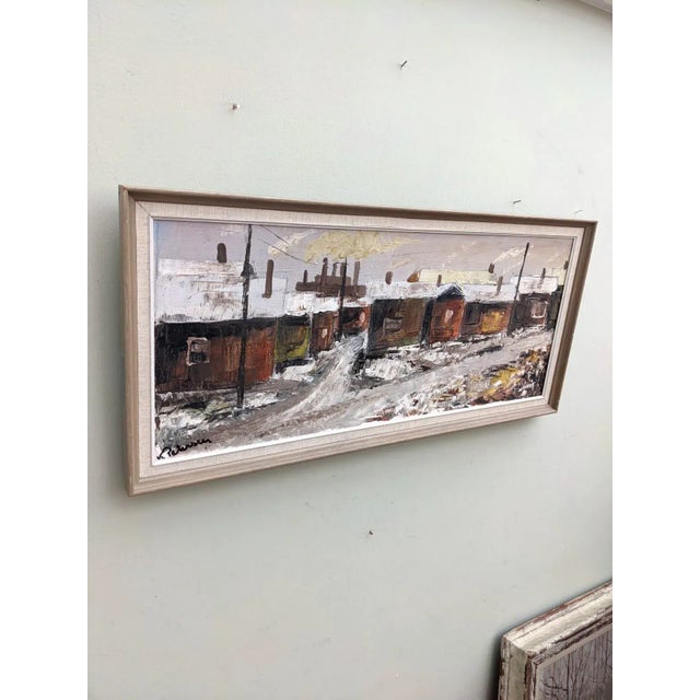 Textile Mid-Century Modern Swedish "Chimneys" Vintage Winter Street Scene Oil Painting, Framed For Sale - Image 7 of 8