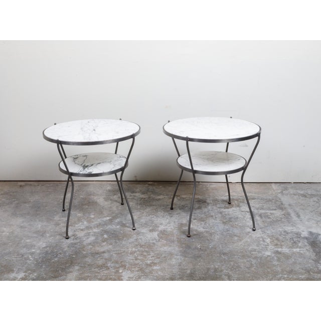 Pair of Italian Midcentury Steel Side Tables with Marble Tops and Shelves For Sale - Image 11 of 11