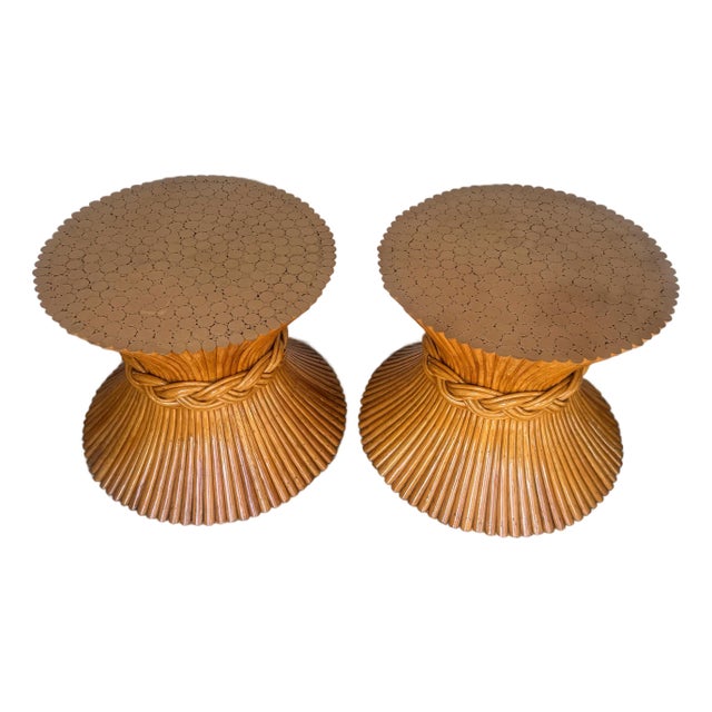 Pair of Authentic McGuire Rattan Wheat Sheaf Tables – Medallion Marked For Sale