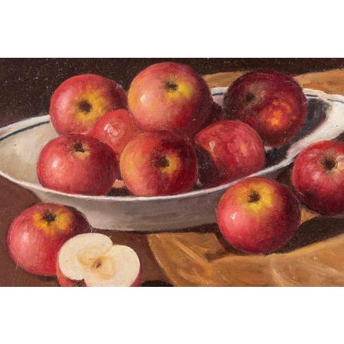 Oil on Board realized in 1989. Hand signed lower left. Very good condition, includes a nice dark red contemporary wooden...