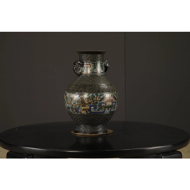 Japanese Japanese Cloisonné Bronze Vase With Archaistic Bird Handles, C 1920 to 1940s For Sale - Image 3 of 14
