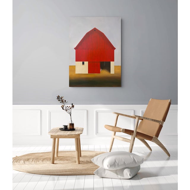 Red Old Red by Justin Wheatley | Acrylic on Canvas Red Barn With Ochre Field For Sale - Image 8 of 10