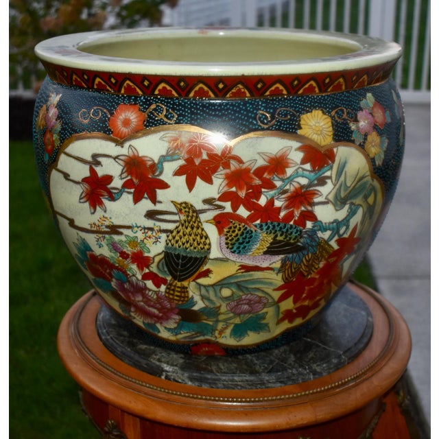 Blue Vintage Satsuma Style Ceramic Fish Bowl Planter Birds Floral Gold Gilt Large For Sale - Image 8 of 18