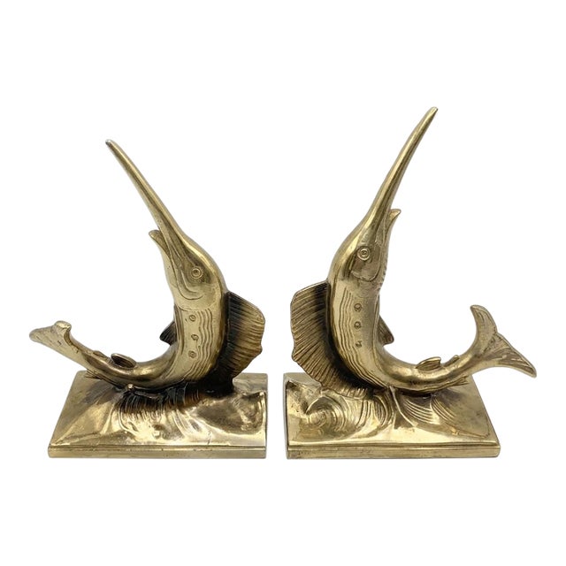 Pair of Vintage Swordfish / Marlin / Sailfish Bookends – Brass Finish - Heavy - Palm Beach Regency, Grandmillennial, Coastal, Ralph Lauren - See Pics! For Sale