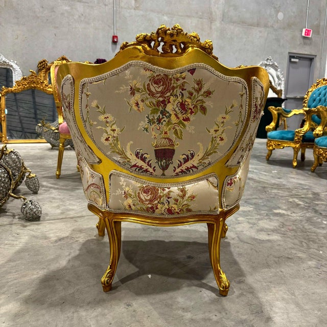 French French Style Beige & White Bergère Wing Chair With Gold Leaf Details For Sale - Image 3 of 6