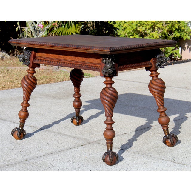Brown Antique Renaissance Revival Carved Oak Writing Table / Desk With Bronze Dragons & Clawed Feet For Sale - Image 8 of 18