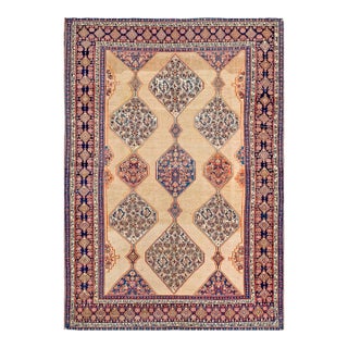 1890s Tan Camel Diamond Antique W. Persian Senneh Rug 4'8" X 6'6" Handknotted Wool Carpet For Sale