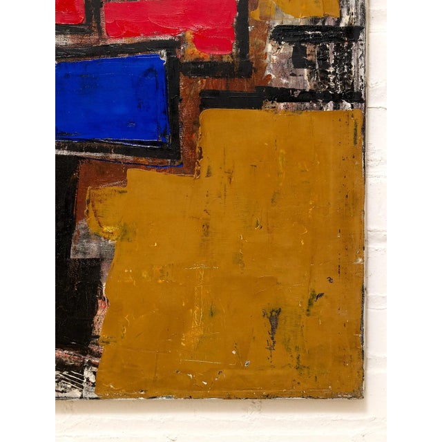 Mid 20th Century Cobalt and Crimson Geometric Abstract Painting With Ochre and Black For Sale In Los Angeles - Image 6 of 6