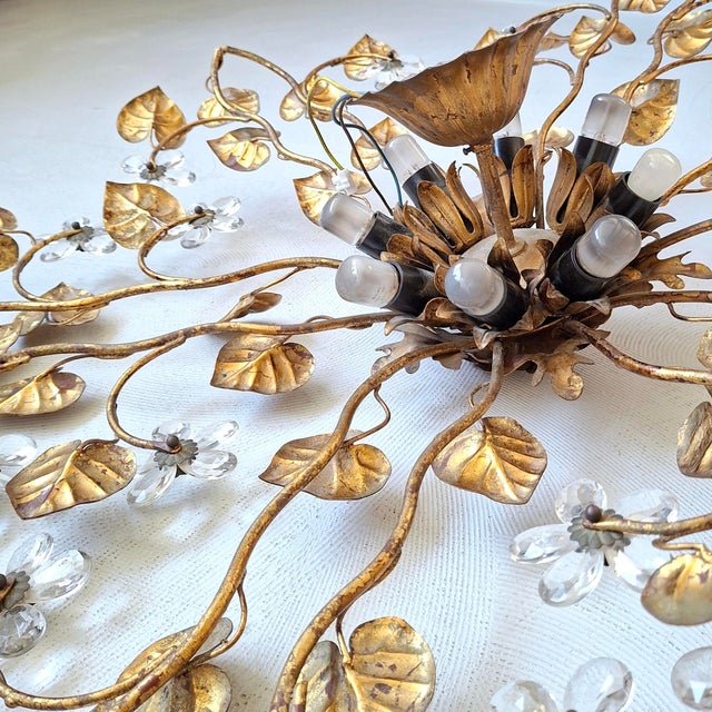 1970s Large Gilt Metal Ceiling Lamp with Leaves and Flowers, 1960s For Sale - Image 5 of 7