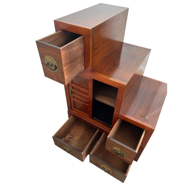 1990s Japanese Kaidan Tansu Step Chest Cabinet Pin Locks Four Pass Through Drawers 1a For Sale - Image 4 of 13