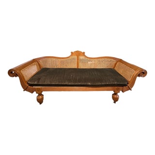Vintage British Colonial Carved Caned Sofa For Sale