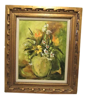 Mid-Century Modern Framed Floral Oil Pallet Knife Canvas Painting Signed Stefan