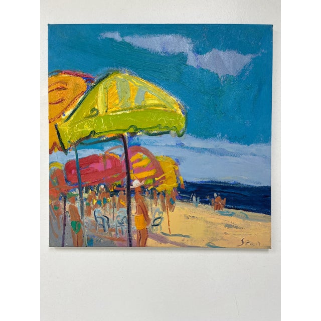 A serene impressionistic seascape oil painting on canvas, featuring a soft blend of blue, white, and neutral tones that...