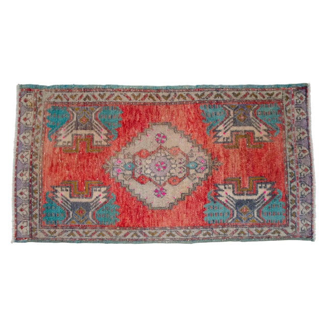 Textile Small Vintage Turkish Oushak Rug 2x3 Hand Knotted Wool Red Teal Entryway Mat Handmade Doormat For Sale - Image 7 of 14