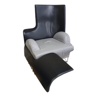 Lounge Chair in Grey and Black Leather with Foldable Ottoman from Brunati For Sale