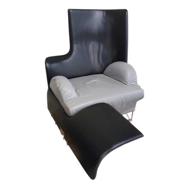 Lounge Chair in Grey and Black Leather with Foldable Ottoman from Brunati For Sale