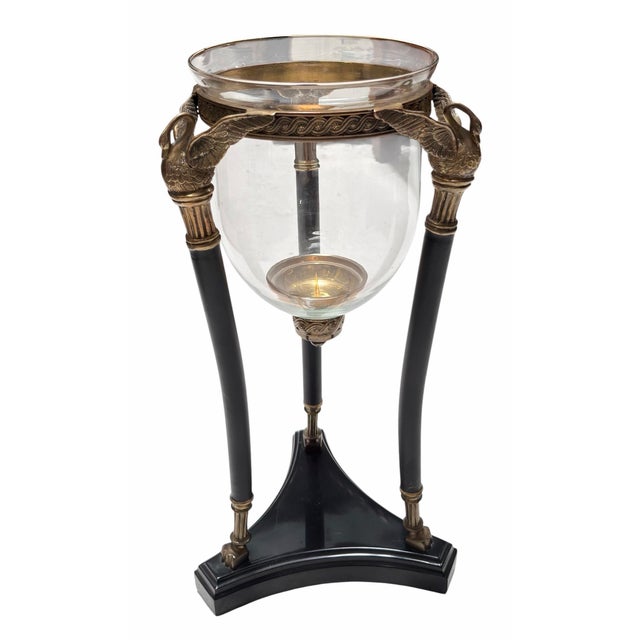 Pair of French Empire Style Bronze Swan & Glass Hurricane Lamp Candle Holders.