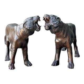 Vintage Bronze Tiger Sculptures - A Pair For Sale