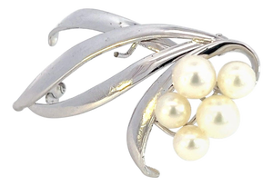 1990s Mikimoto Estate Akoya Pearl Brooch 6.40-5.30 mm Silver