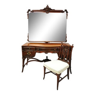 Antique Chinese Chippendale Carved Flame Mahogany Vanity Pagoda Mirror Chair Set For Sale