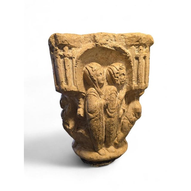 1950s Romanesque Style Carved Stone Capital on Pedestal, 1950 For Sale - Image 5 of 10