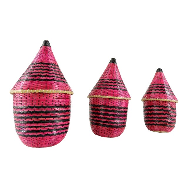 Early 20th Century 3 Tutsi Peace Baskets Pink Rwanda For Sale