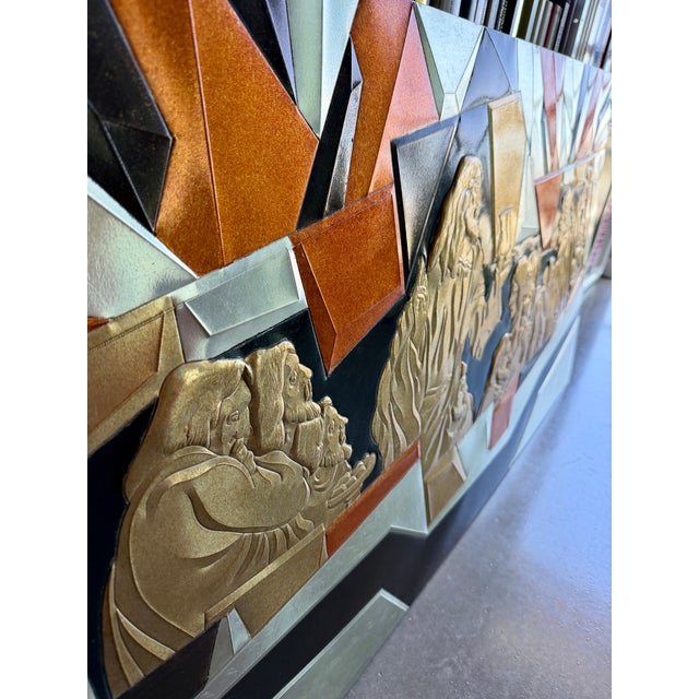 1970s 70s Large Mid-Century Liturgical Modernist Metal Last Supper Wall Relief B. Quijano Cubist Architectural For Sale - Image 5 of 17