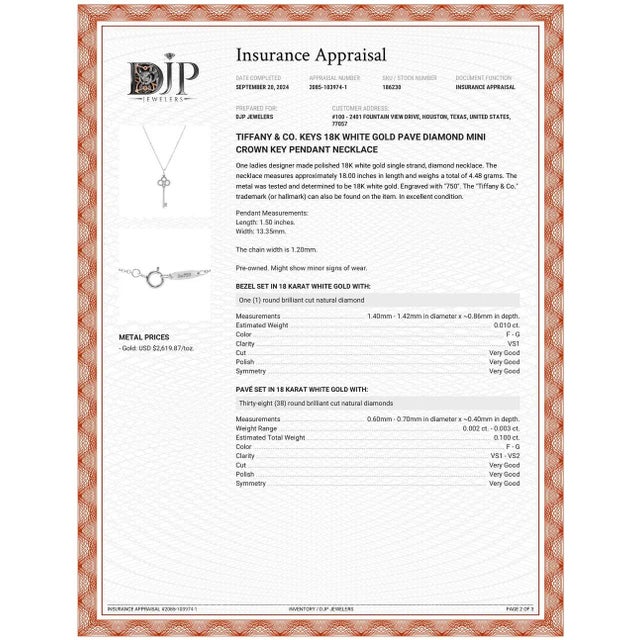 Tiffany & Co. Keys 18k White Gold Pave Diamond Mini Crown Key Pendant Necklace For Sale - Image 9 of 9
