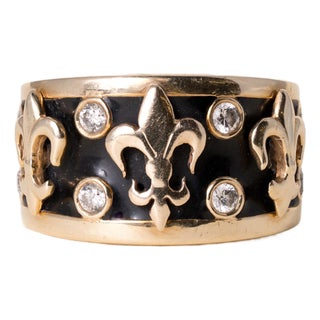Vintage 14k Gold Fleur De Lis Diamond and Black Enamel Ring Band, Size 5 For Sale