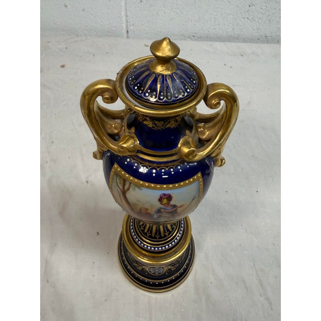 Antique Hand Painted Royal Vienna Porcelain Cobalt Gold Lidded Vase Mini Urn For Sale - Image 15 of 18