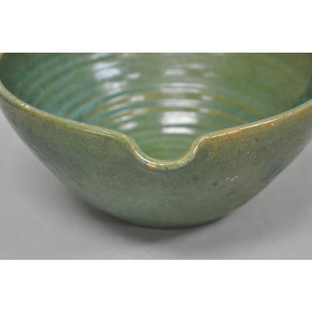 Vintage Primitive Green Glazed Ceramic Pottery Large Mixing Bowl W Handle For Sale In Philadelphia - Image 6 of 18