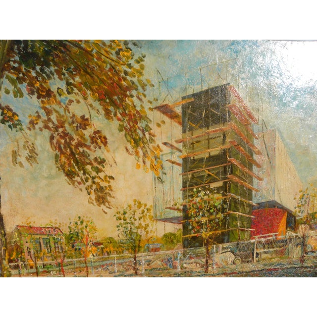 Contemporary 1978 Mid Century Modern Architecture Painting, Urban Setting, Signed Jan Bazanowski For Sale - Image 3 of 12