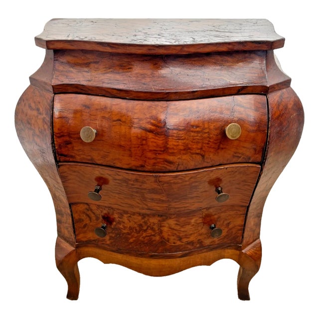 Vintage Petite Venetian Bombe Commode Small Chest of Drawers Burled Walnut For Sale