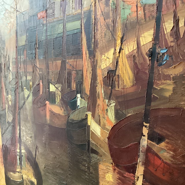 Vintage Painting on Canvas Impressionistic Harbor Scene Artist Signed Framed Dated For Sale - Image 10 of 12