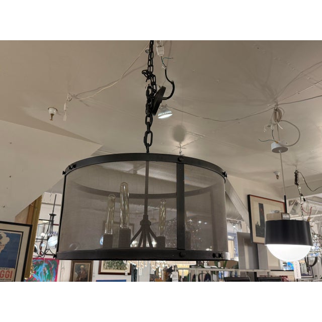 Industrial Restoration Hardware Riveted Mesh Round Chandelier For Sale - Image 3 of 12