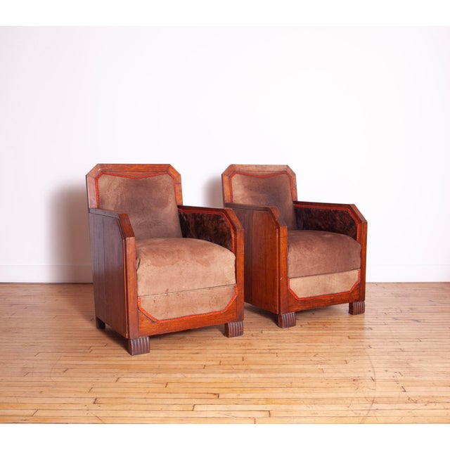 Art Deco Pair of French Cubist Club Chairs in Leather and Hide, C. 1920s For Sale - Image 3 of 15