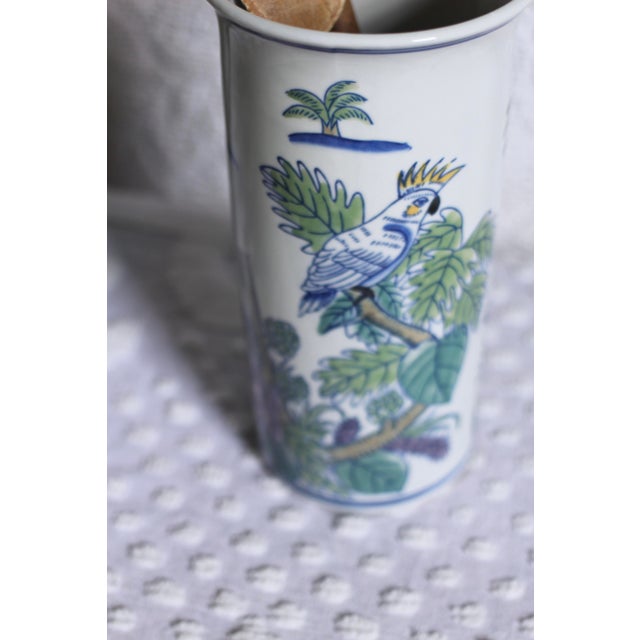 1980s Chinese Ceramic Tall Jar With a Handpainted Cockatoo and Orchid For Sale - Image 4 of 8