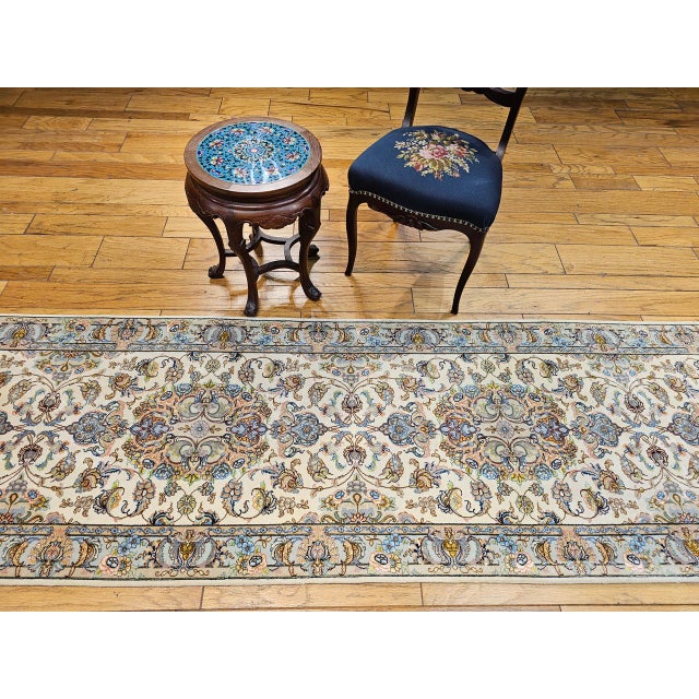 1900 - 1909 Fine Persian Tabriz Runner, Hand-Knotted Wool & Silk, Floral Medallion Pattern, Ivory & Pale Sage, 3x13 For Sale - Image 5 of 15