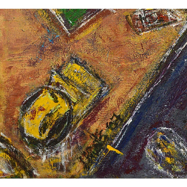 Whimsical abstracted textural still life with three daises and other objects floating through an ambiguous orange space by...