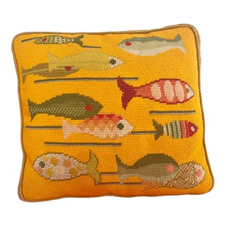 Vintage Handmade Needlepoint Pillow With Fish For Sale