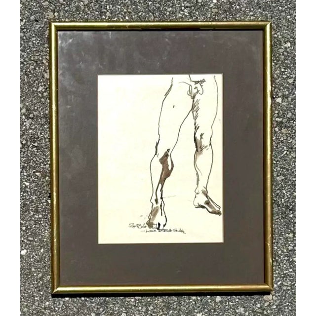 Vintage Boho Ink Drawing of Nude Man on Paper Signed For Sale - Image 4 of 4