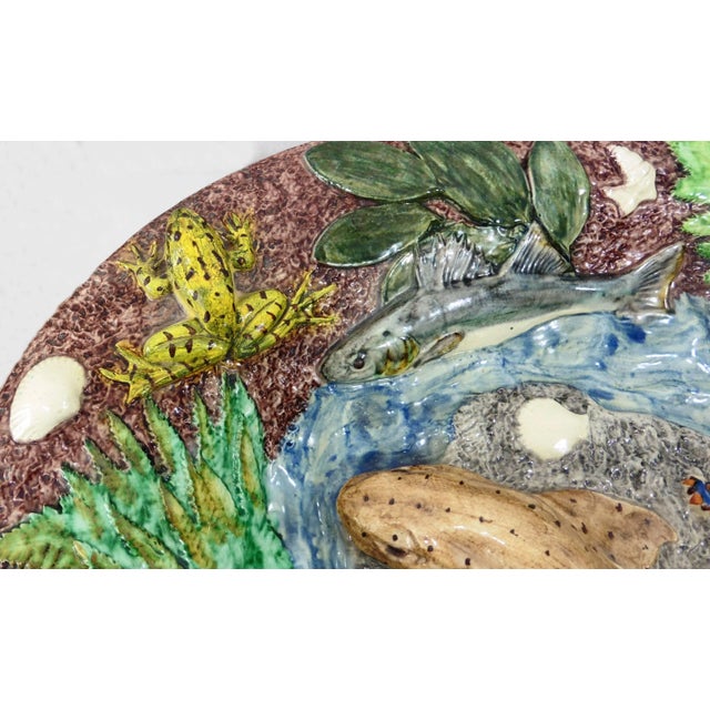 19th large Palissy wall platter a large catshark on the center surrounded by four fishs, two frogs, two crawfishs, two...